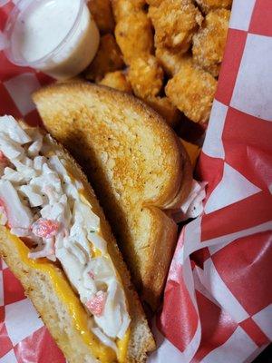 Garlic Toasted Seafood Salad Sandwich w/ Tots