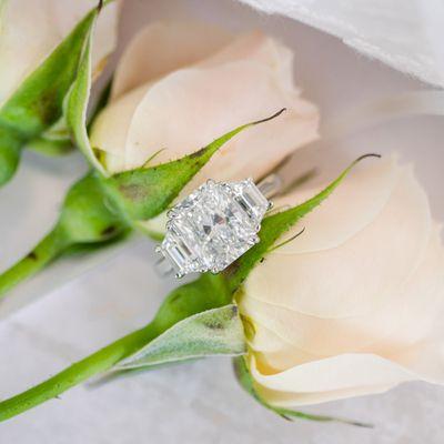 Radiant and Trapezoid Three Stone Engagement Ring