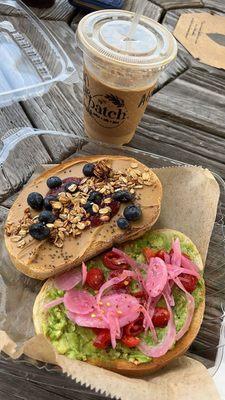 Iced vanilla latte. PB&J and avocado toast