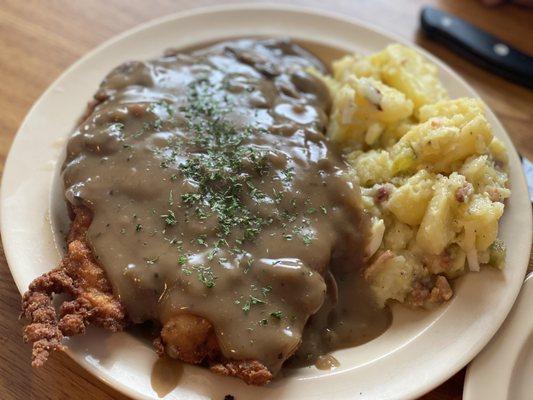 Jagerschnitzel with potato salad (oil and vinegar) Mayo is an option. Chicken is also an option instead of pork