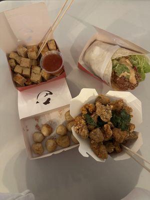 fried tofu, fish balls, basil chicken, and Truck Roll Up Deluke (Spicy)