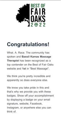 Winning best massage 2 years in a row.