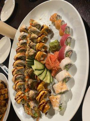 (Left to right) Ut roll, katona roll, crunch munch roll, and rainbow roll