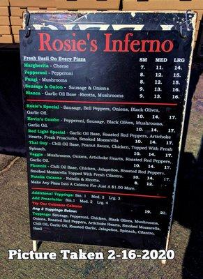 Rosie's Inferno Menu as of 2-16-2020 when we visited