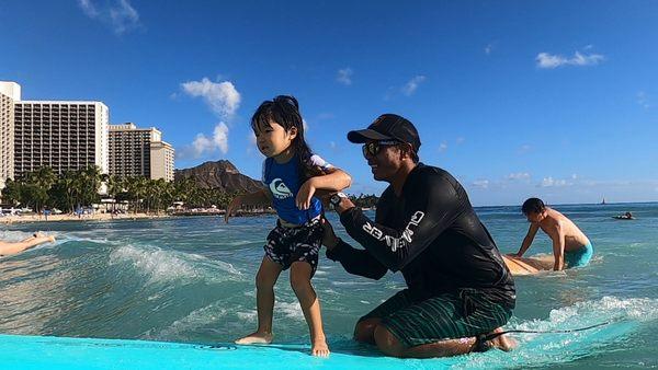 3 year old Surfing for the first time (tandem surfing)