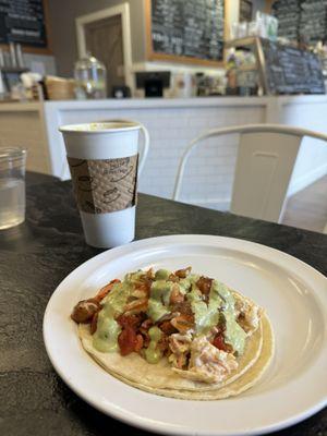 Wild salmon taco...SO good! Paired with golden milk latte with house made cashew milk