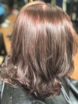 Red hair color, haircut, and blow out