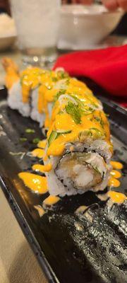 Green Baby Roll. Absolute perfection. Cooked Roll no raw fish. Crunchy lime to top it off, Spicy mayo and cream cheese crab stick