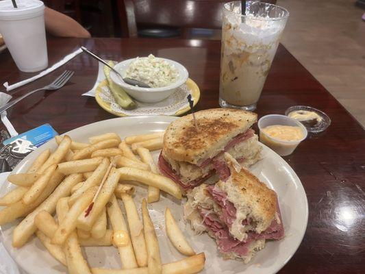 Triple Decker Reuben Sandwich with fries, coleslaw and caramel iced coffee!!