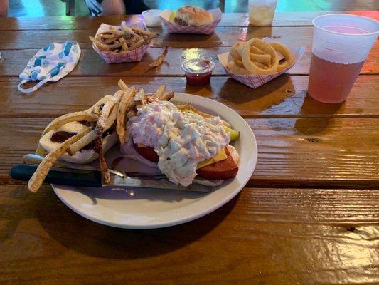 Fried bologna Pittsburgh style in the front. Kids burger in the back.