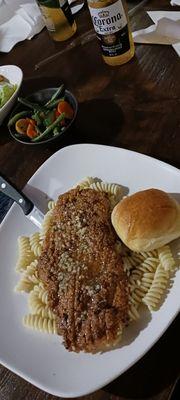 My dish pecan crusted chicken on a bed of noodles