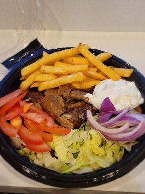 Gyro Dinner With Fries Or Rice Soup Or Salad,
 Pita Bread & Tzatziki Sauce