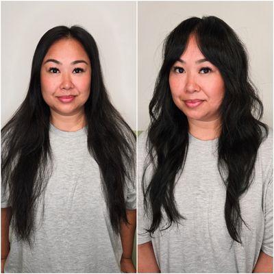 Guest requested bangs and shaggy layers while keeping the length long.