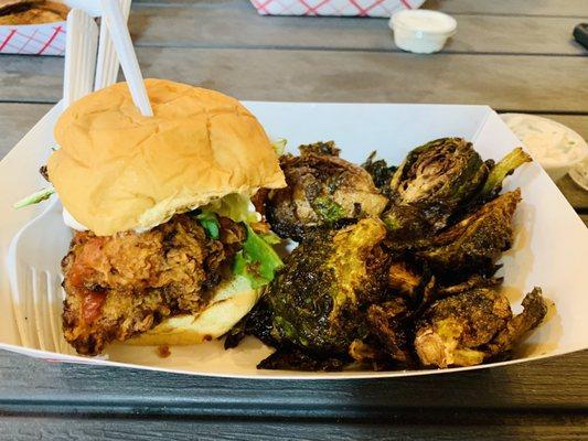 This is the cluck cluck chicken sandwich with brussels sprouts