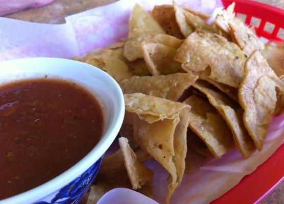 Freshly fried chips and salsa... wonderful, and worth paying for!