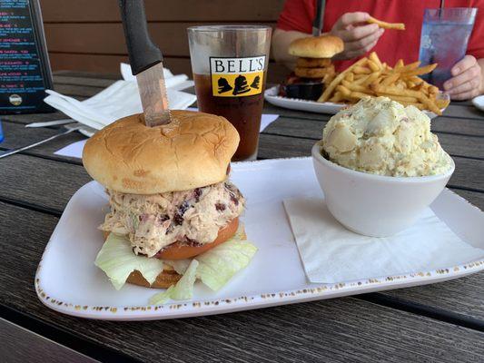 Chicken Salad in Hawaiian bun, Potato Salad & Harry's Red Beer