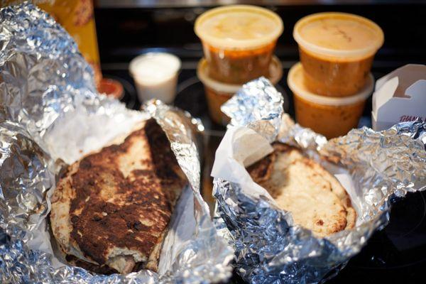 Stuffed naan, Chicken Tikki Masala (2x), Chicken Curry (2x)