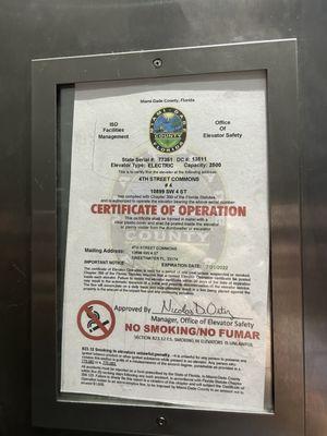 Expired elevator certification. Photo taken in January 2024