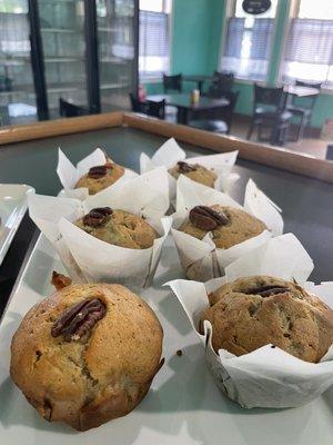 Banana muffins topped with pecan