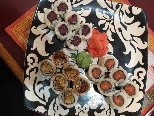 3 sushi rolls, tuna, salmon and eel(our choices) Also included soup and side dish for $13.95