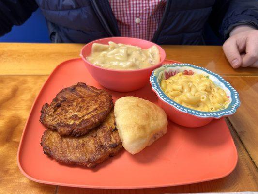 Monday special chicken 'n dumplings with mac 'n cheese and Kimbo cakes.