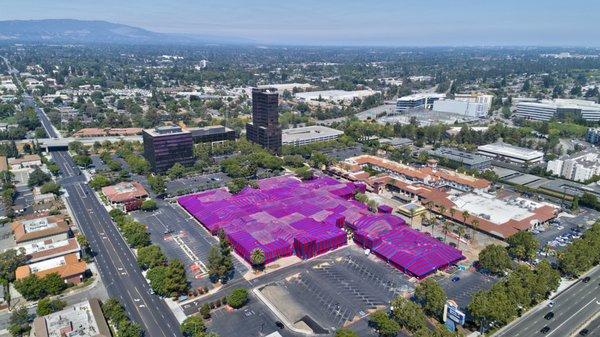 A bird's eye view of the Campbell Shopping Center completed wrap.