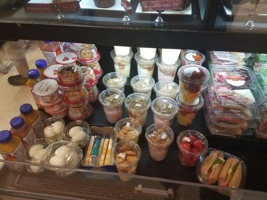 Juices, hard boiled eggs, parfaits, cheeses