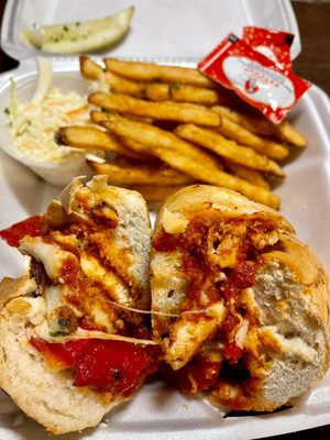 Chicken parm grinder filling - fresh roll, breaded chicken cutlet, sauce, melted cheese, roasted red peppers