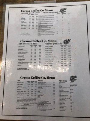 Crema Coffee Company Menu