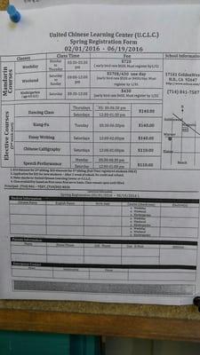 Tuition and class schedule. Application form in English.