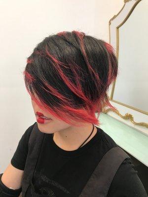 OXY RED SPACE LIGHTENING PATTERN AND GRADUATE BOB  CUT. BY JEAN MARIE.