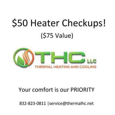 In honor of the First day of Fall, $50 heater checks! Don't wait, schedule your checkup now to prevent costly repairs.