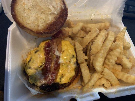 Bacon double cheeseburger with a double order of fries.