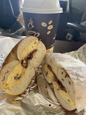 Bacon, egg and cheese on an onion bagel with a medium coffee