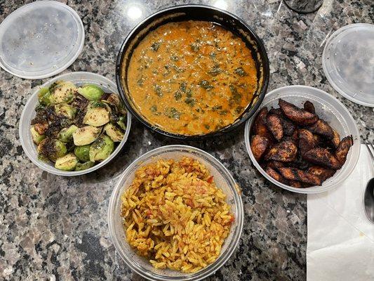 Brussel Sprouts, Vegan peanut soup, Kelewele (spiced plantains), and Jollof Rice