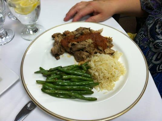 Roasted Pork w/ rice and fresh green beans. Wonderful spices and pork had a robust sauce!