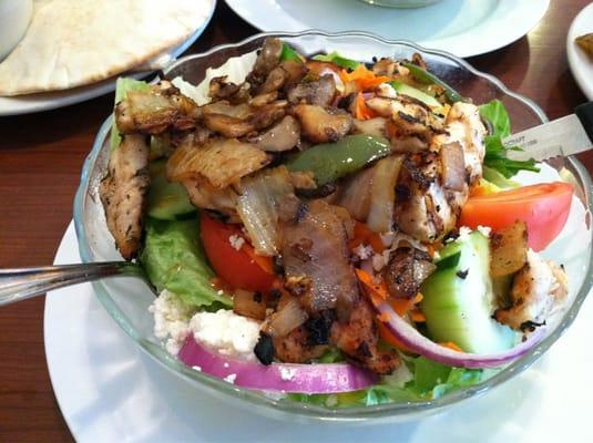 The chicken kabob salad w/extra grilled veggies. They give you a CUP of dressing for it.