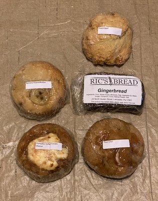 breads: peach basil scone, 3 muffins (banana peanut butter, pumpkin toffee cream cheese, pear chai), gingerbread