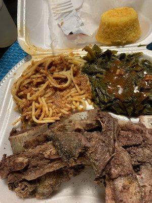 Beef ribs, spaghetti and greens