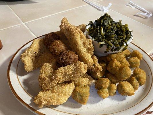 Catfish, turnip greens, and fried okra