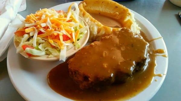 Meatloaf with mashed potatoes & gravy, and side salad