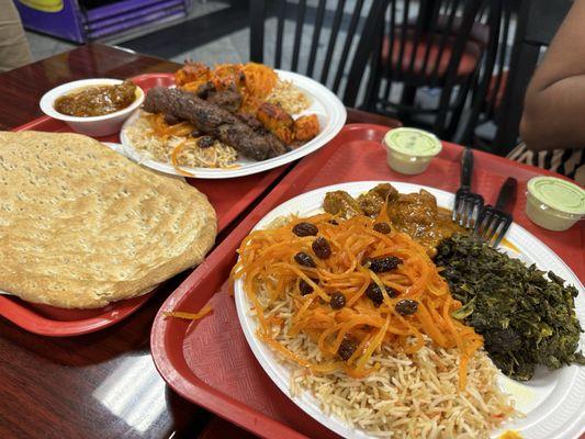 Delicious quabili Palau (E-1)and one of each kabob (A3 Super Jumbo). Plus a piece of Afghan bread.