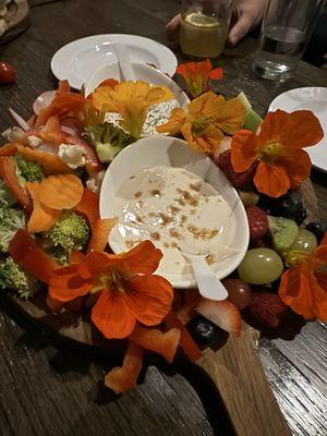 Fruit and veggie board (w/ edible flowers!)