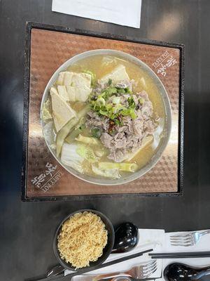 This is a make your own bowl.  I had a Miso base, pork, mushroom, Napa cabbage, tofu and ramen noodle