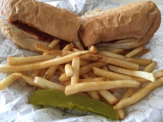 Meatball Po-Boy & Fries. If you order this, don't forget to add cheese.