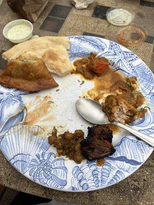 Samosa, naan, chicken tikka masala, chicken korma, lamb kebab, chickpeas