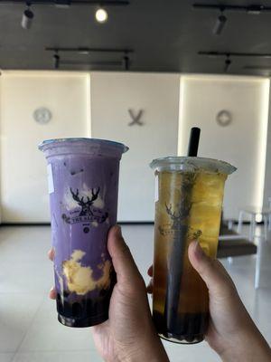 Ube milk tea and jasmine green tea