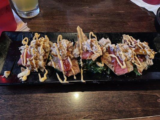 Ahi tuna on won tons with crab meat