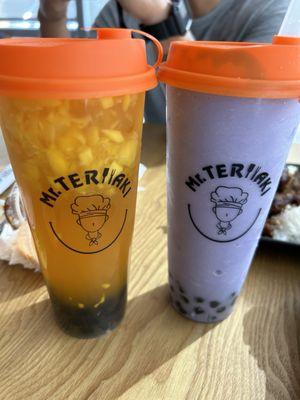 Mango fresh fruit jasmine tea & Taro smoothie with boba.