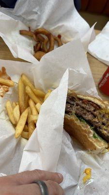 Double Bacon Cheeseburger Fries and onion rings